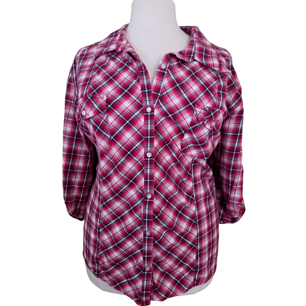 Fashion Bug Womens 4X Red Plaid Button Down Shirt 100% Cotton 3/4 Sleeve